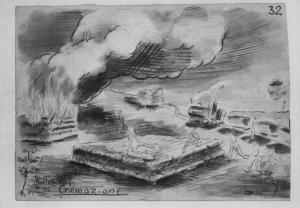 Disegno di Carlo Slama - Cremazione - 1945  - Campo di concentramento di Buchenwald, Germania - Nazismo - Pira di legno - Cadaveri di prigionieri - Fuoco - Treno