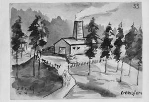 Disegno di Carlo Slama - Crematori - 1945  - Campo di concentramento di Buchenwald, Germania - Nazismo - Crematorio (edificio con camino) - Collina con alberi - Trasporto di cadaveri dei prigionieri