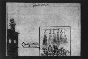 Disegno a matita di Kalman Landau (deportato a 12 anni) - Gaskammer - 1945 ca. - Campo di concentramento di Buchenwald - Nazismo - Camera a gas con deportati morti - Crematorio con camino
