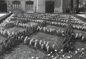 Fiera di Milano - Campionaria 1939 - Aiuola con fiori davanti al palazzo degli uffici (palazzo degli orafi)