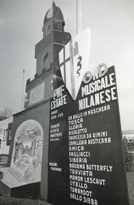 Fiera di Milano - Campionaria 1939 - Installazione pubblicitaria delle manifestazioni musicali milanesi dell'Opera nazionale dopolavoro (OND)