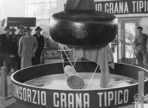 Fiera di Milano - Campionaria 1953 - Padiglione dei prodotti della lavorazione del latte, della carne e dell'industria conserviera - Stand del Consorzio Grana tipico di Reggio Emilia