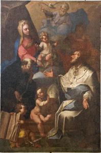 Madonna con Gesù Bambino lascia cadere la cintura nelle mani di San Nicola da Tolentino, San Nicola di Bari e un santo martire