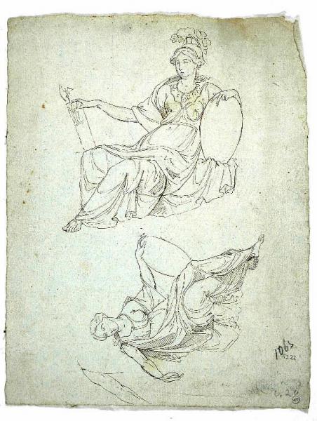 Studio per due figure mitologiche sedute e particolare anatomico di un braccio/ Studio per quattro angeli e una donna