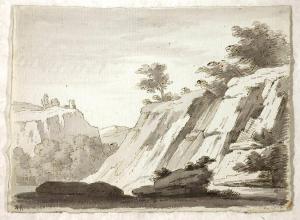 Scena raffigurante un paesaggio montuoso con castello in lontananza