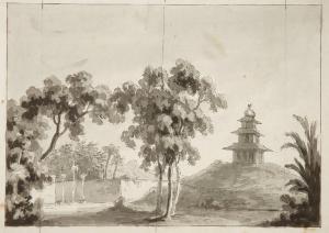 Scena raffigurante un paesaggio con tempio a pagoda