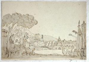 Scena per Annibale in Torino raffigurante antica città con barche attraccate e macchine da guerra