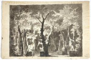 Scena raffigurante un bosco di querce con animali sacrificati sopra piccoli altari