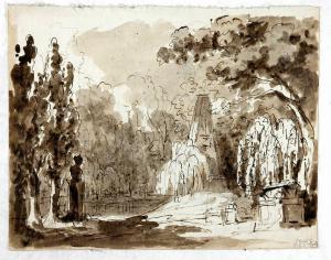 Scena raffigurante un bosco con monumenti funebri/ Schizzo per scena raffigurante un giardino con grande edificio sul fondo