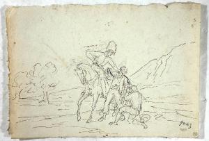Soldato che impugna la spada contro due banditi