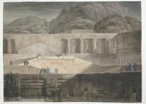 Architettura monumentale in stile greco romano con figure e sfondo montuoso
