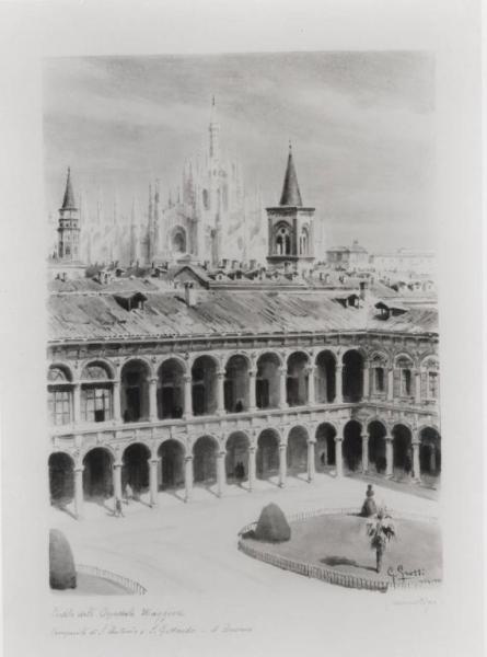 Cortile dell'Ospedale Maggiore, campanile di S. Antonio e S. Gottardo, il Duomo