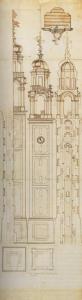 Prospetto, sezione e planimetria del campanile della chiesa dei Santi Gervasio e Protasio a Sondrio