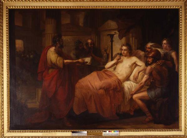 Alessandro infermo che, svuotando la coppa offertagli dal suo medico, condanna col suo atto di generosa fiducia la denunzia di Parmenione che gli faceva sospettare un veleno