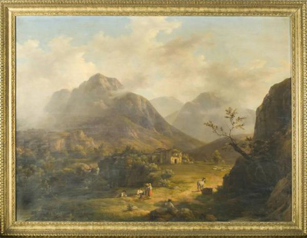 Paesaggio con macchiette sul dinnanzi, un dirupo e nebbiose montagne