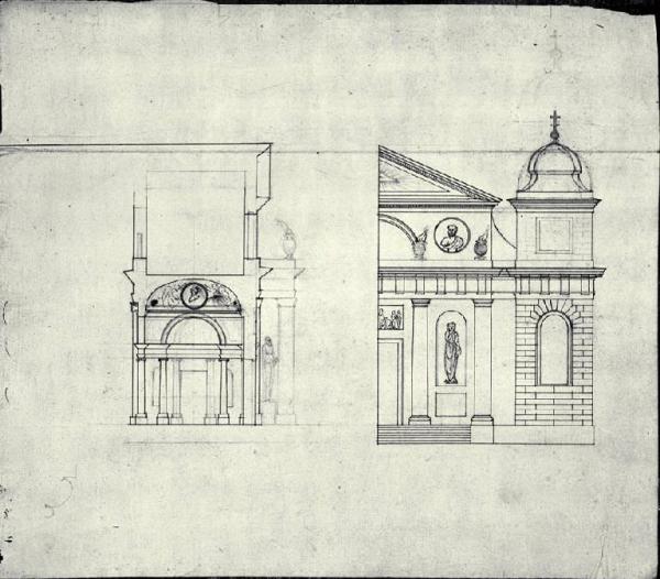 Prospetto e sezione trasversale della prima campata di una chiesa con pronao dorico e torri laterali