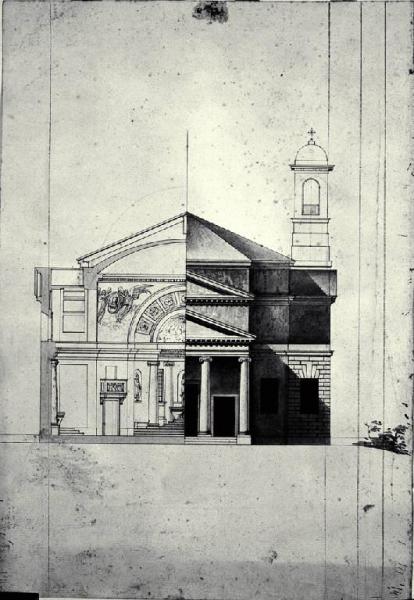 Prospetto e sezione trasversale di una chiesa con pronao e doppio frontone