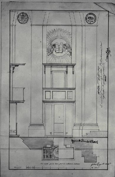 Pianta, prospetto e sezione del pulpito della chiesa di S. Francesco di Paola a Milano