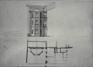 Pianta e prospetto dell'edicola a pianta semiottagonale e a tre piani per la Casa di Carlo Amati a Milano (già Contrada della Spiga 788)