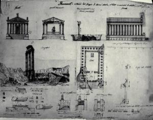 Pianta, prospetti, sezioni del "restauro" del cosiddetto Tempio di Giove Statore a Roma