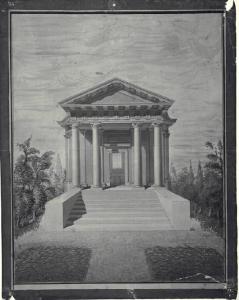 Veduta prospettica della fronte di un padiglione per giardino in forma di tempio con scalea, pronao e cupola