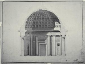 Sezione trasversale di padiglione per giardino in forma di tempio con scalea, pronao e cupola