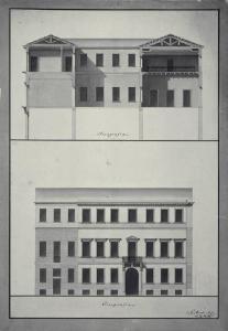 Sezione trasversale e prospetto di Palazzo Arrigoni a Milano (già Contrada S. Romano 403)