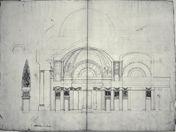 Sezione longitudinale di chiesa con pronao ionico e torri laterali