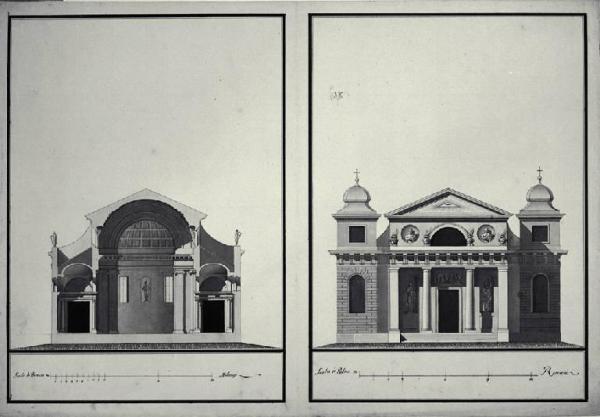 Prospetto e sezione trasversale di chiesa con pronao dorico e torri laterali