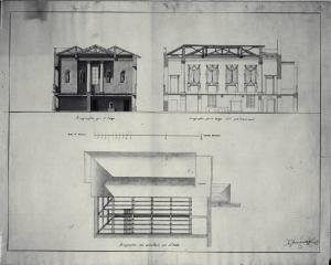 Sezione trasversale, longitudinale e armatura del tetto per il salone della Villa Archinto (Pennati) a Monza