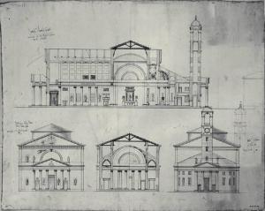 Sezione longitudinale, prospetto anteriore, sezione trasversale, prospetto posteriore della chiesa di S. Antonio Nuovo a Trieste