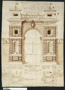 Prospetto e pianta del portale nel muro di cinta del castello di Roccabianca
