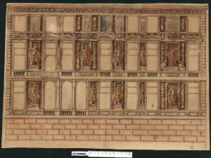 Prospetto di palazzo con riquadri istoriati e effigi di antichi romani