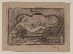Figura femminile nuda sdraiata in un divano