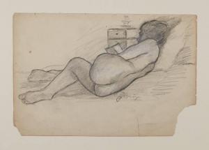 Figura femminile, nuda, sdraiata su un letto in atto di leggere