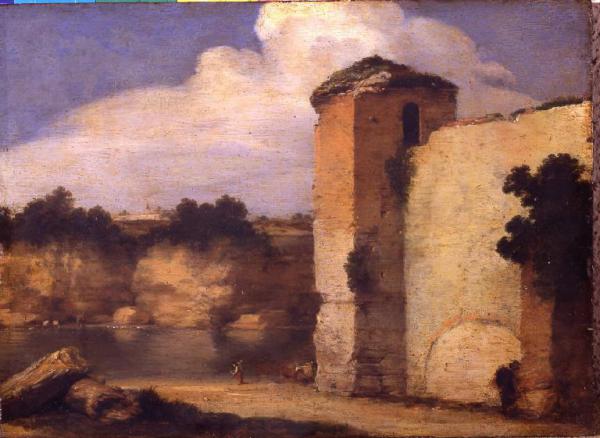 Paesaggio italianeggiante con rovine di un castello vicino all'acqua