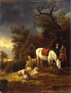Paesaggio olandese con cavallo che si abbevera