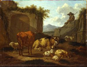 Paesaggio con pastore e pecore presso una rovina