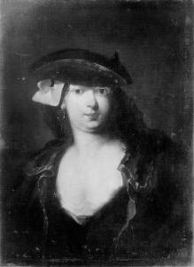 Ritratto di una gentildonna veneziana con tricorno e maschera a lato del copricapo