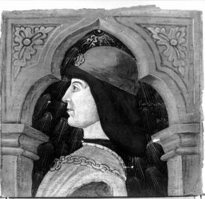 Busto maschile rivolto verso sinistra con berretta rossa e spilla