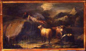Paesaggio con gregge e due pastori