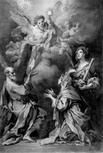 I Santi Andrea, Cecilia e Maddalena (?) adorano l'Eucarestia