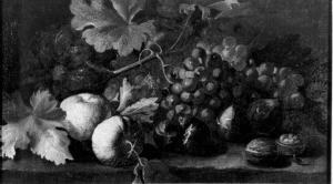 Natura morta con zucca, cedri, uva bianca, fichi e noci