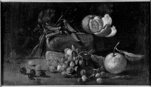 Natura morta con ciliege, baccelli, mandarino, mela e carciofi