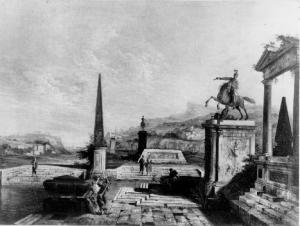 Veduta fantastica con monumento equestre e obelisco