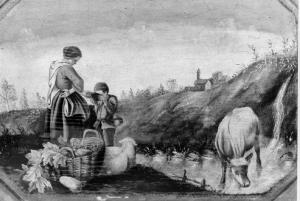 Contadina e giovane contadino sul bordo di un ruscello, pecora e mucca
