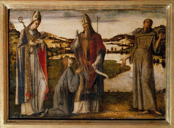 Santo vescovo tra San Ludovido da Tolosa e San Francesco d'Assisi con devoto