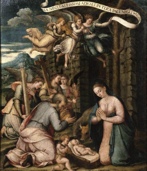 Adorazione di Gesù Bambino con San Giovannino e angeli con strumenti della passione