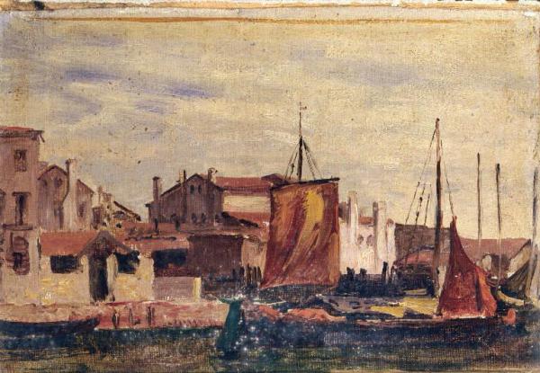 Veduta di Chioggia con barche e case