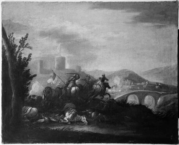 Scena di battaglia con cavalieri presso un ponte